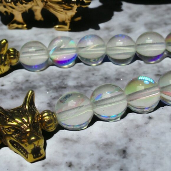 Cerberus Triple Wolf Bracelet With  Rainbow Crystal Beads.  Greek myth jewelry. - Picture 4 of 6